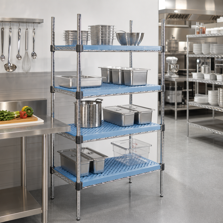 Product image #2 for QuadPlus 54" x 18" Louvered Blue Polymer Shelf Mat with Quad-Adjust Chrome Wire Frame