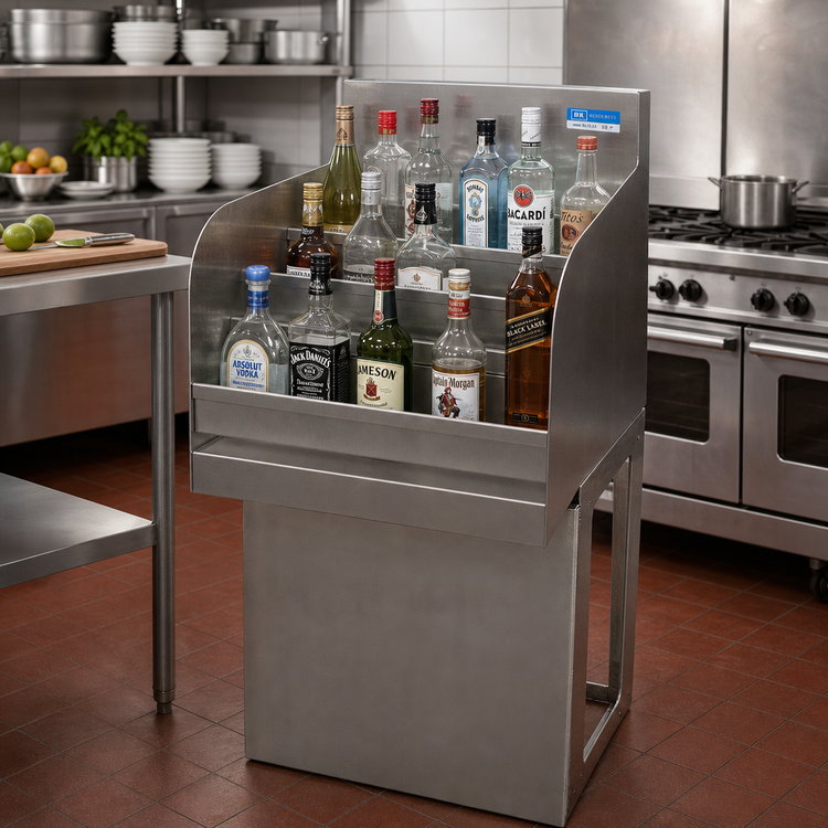 Product image #3 for BK Resources 18-Inch Freestanding 4-Step Stainless Steel Liquor Bottle Display Unit
