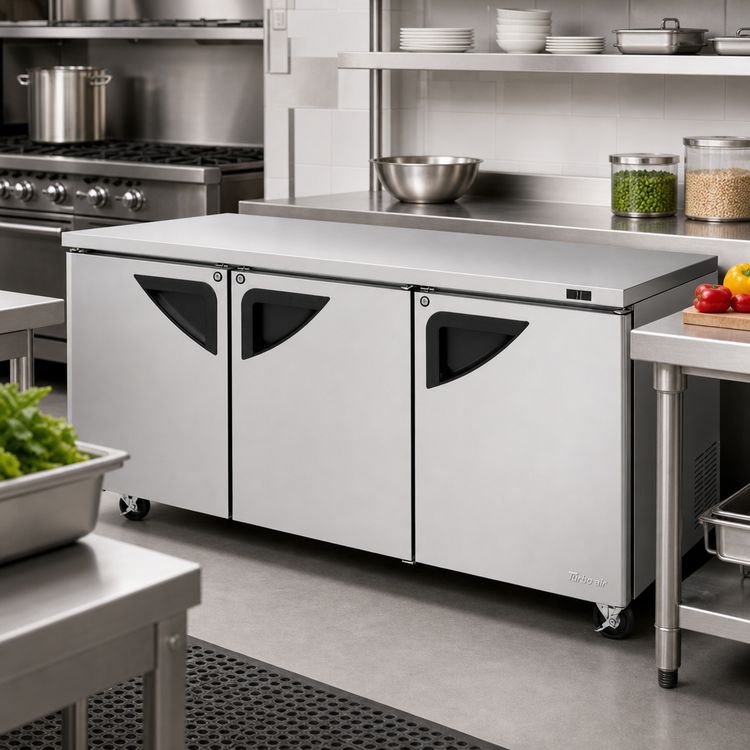 Product image #2 for Turbo Air Super Deluxe Series 72-5/8-Inch Wide Three-Section Undercounter Refrigerator, Self-Contained Rear-Mount