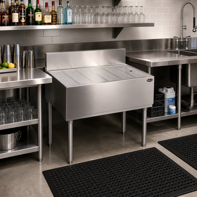 Product image #2 for Krowne Royal Series 36-Inch Freestanding Open-Base Stainless Steel Underbar Drainboard with 6-Inch Splash