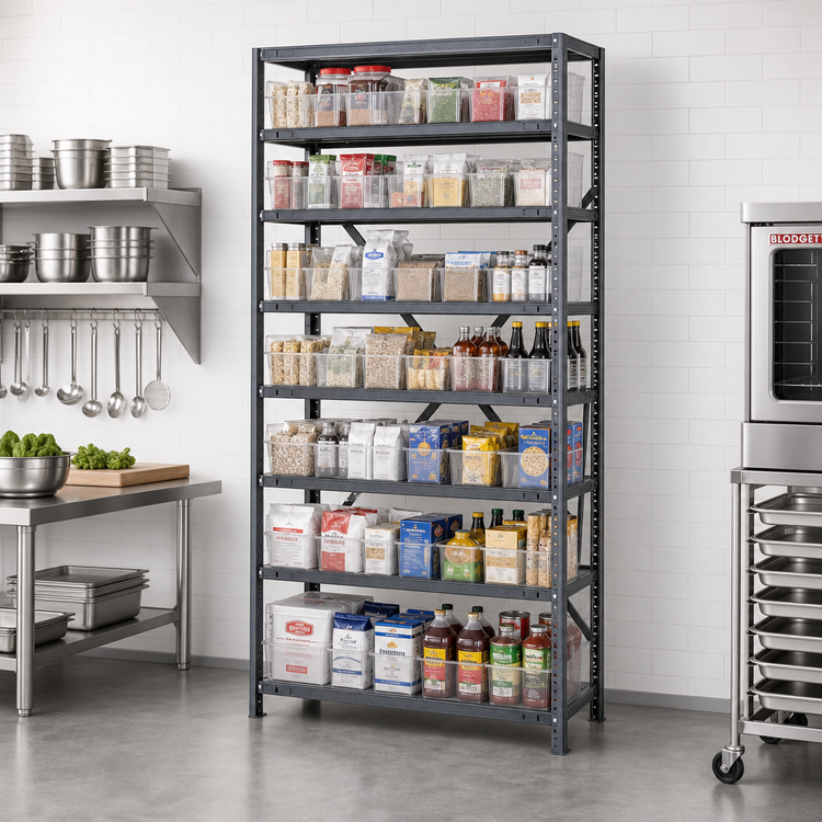 Product image #2 for Quantum Heavy-Duty Stationary Wire Shelving Unit, 12"D x 36"L x 75"H, with 10 Shelves and 27 Clear Bins