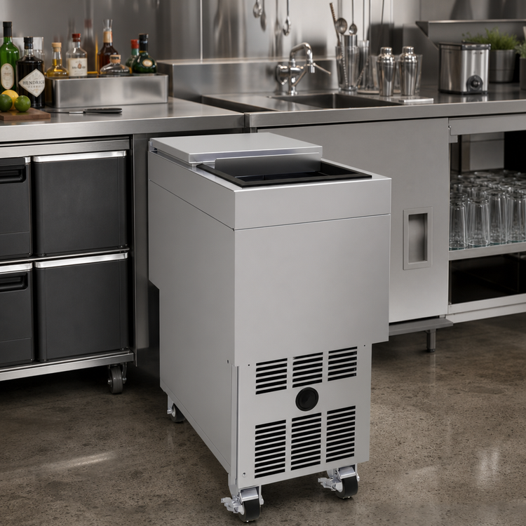 Product image #2 for Glastender Mobile Craft Ice Holding Freezer with Sliding Lid, 14"W x 24"D x 31-1/4"H, Self-Contained Refrigeration