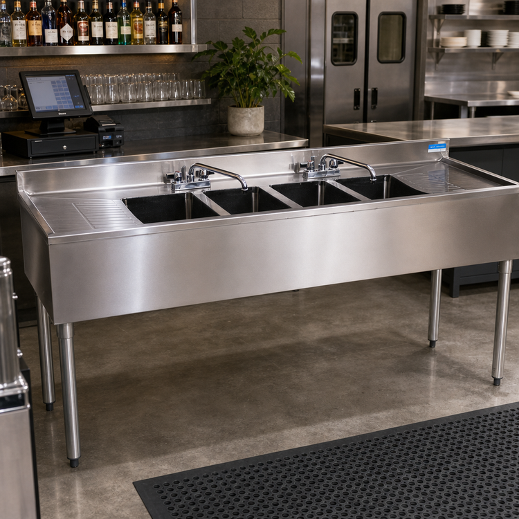 Product image #2 for BK Resources Slim-Line 4-Compartment Underbar Sink with Dual Drainboards and Faucets, 72 Inch Wide