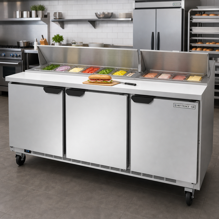 Product image #3 for Beverage-Air Three-Section Sandwich Top Refrigerated Prep Table, 72-Inch Wide, 3 Doors, 18-Pan Top