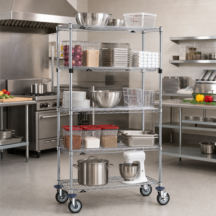 Product image #2 for Super Erecta 5-Tier Wire Stem Caster Cart, 36W x 18D x 68H, Chrome Plated