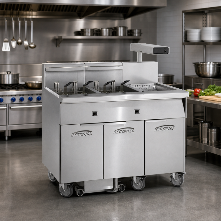 Product image #2 for Imperial Electric Floor Model 2-Tank Fryer with Built-In Filter System and Dump Station, 75 lb. Capacity Each