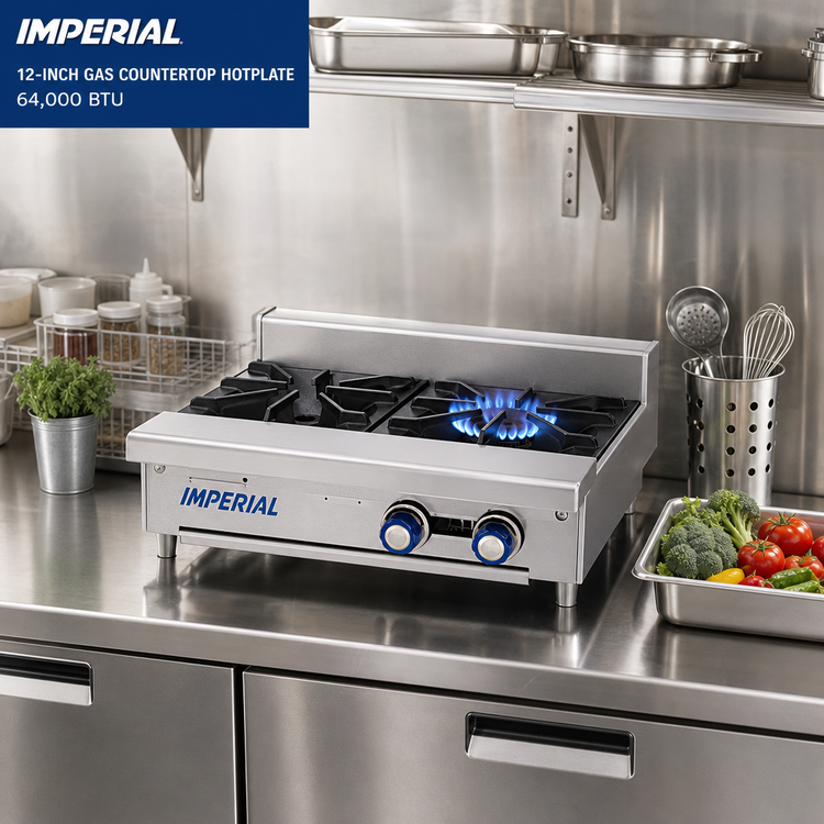 Product image #2 for Imperial 12-Inch Gas Countertop Hotplate with 1 Open Burner and 1 Step-Up Burner, 64,000 BTU