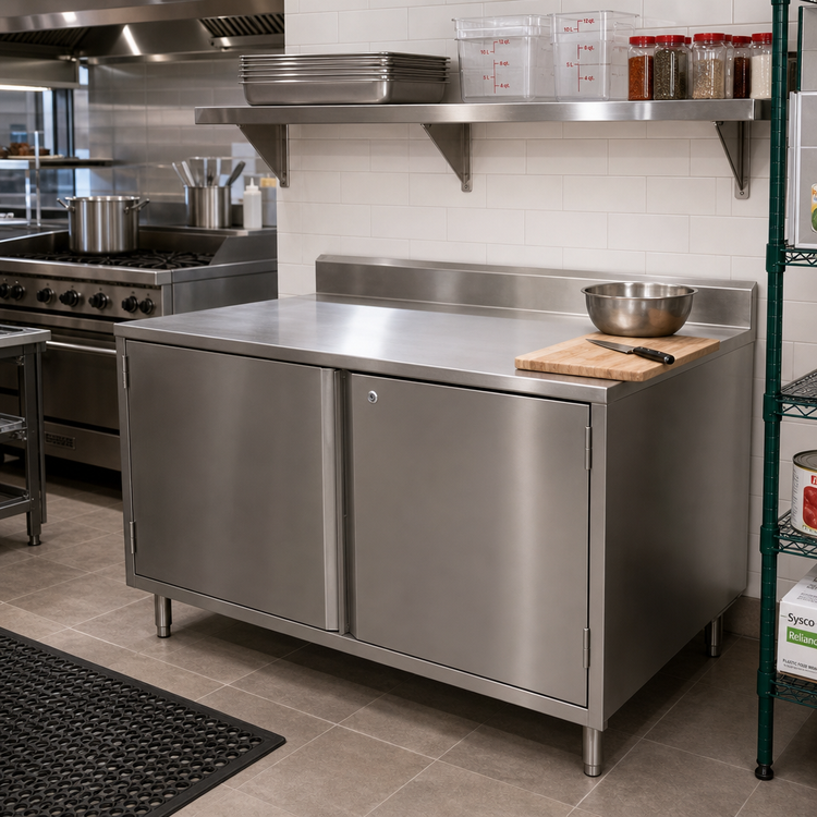 Product image #2 for BK Resources 60-Inch x 36-Inch Stainless Steel Cabinet Base Work Table with Hinged Doors, Lock, and 5-Inch Backsplash