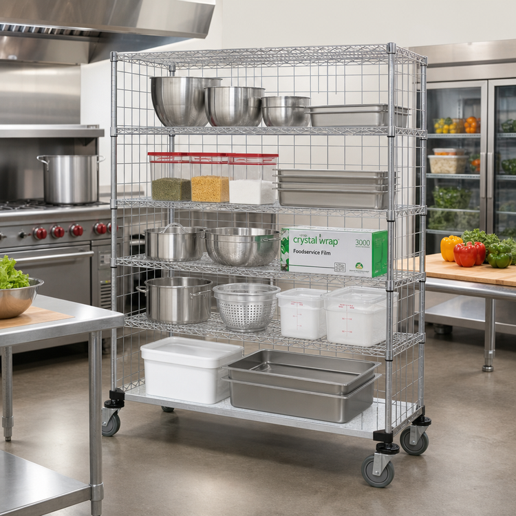 Product image #2 for Quantum Five-Shelf Mobile Wire Enclosed Cart, 48 x 24 x 80 Inches, 1200 lb Capacity