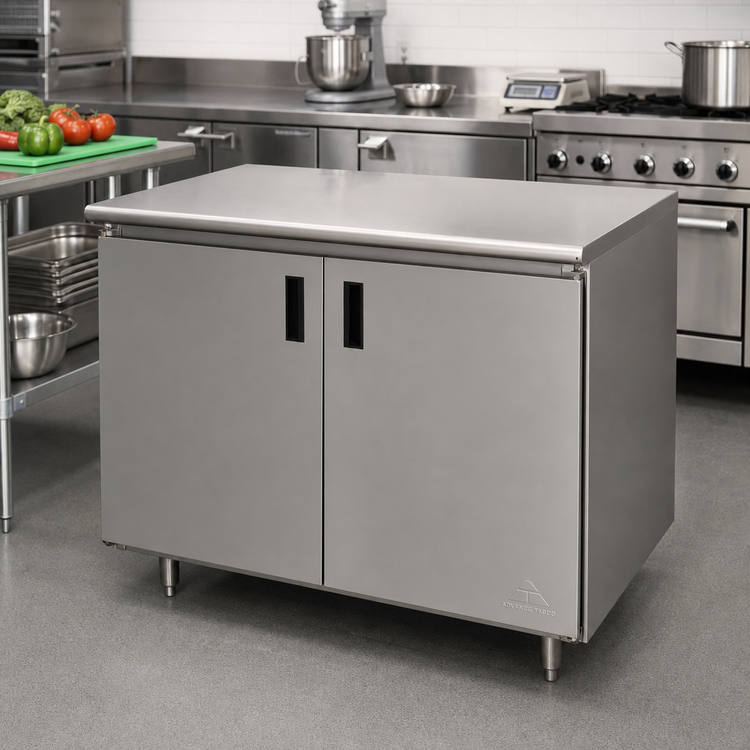 Product image #2 for Advance Tabco 48-Inch x 24-Inch Enclosed Stainless Steel Work Table with Cabinet Base, Mid-Shelf, and Hinged Doors