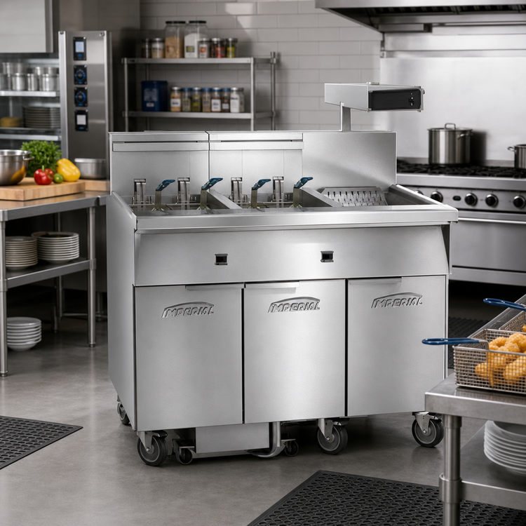 Product image #2 for Imperial Three-Tank Electric Floor Fryer with Built-In Filter System and Dump Station, 75 lb. Per Tank