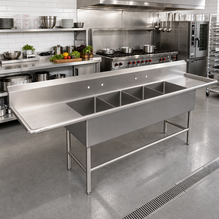 Product image #2 for John Boos Pro-Bowl 4-Compartment Commercial Stainless Steel Sink with Dual 18-Inch Drainboards, 16 x 20 x 12-Inch Bowls