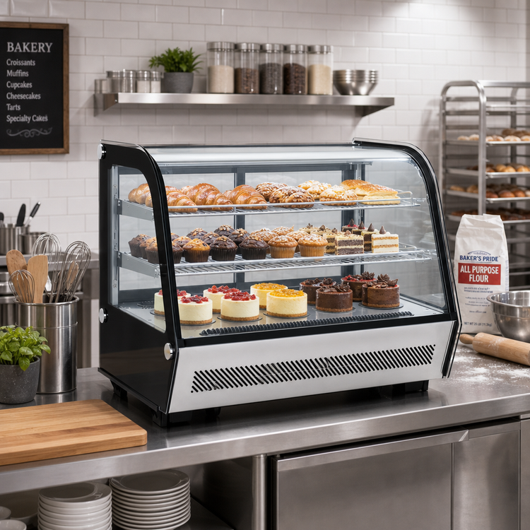 Product image #2 for BakeryXpress 35-Inch Countertop Full-Service Refrigerated Display Case with Curved Front Glass
