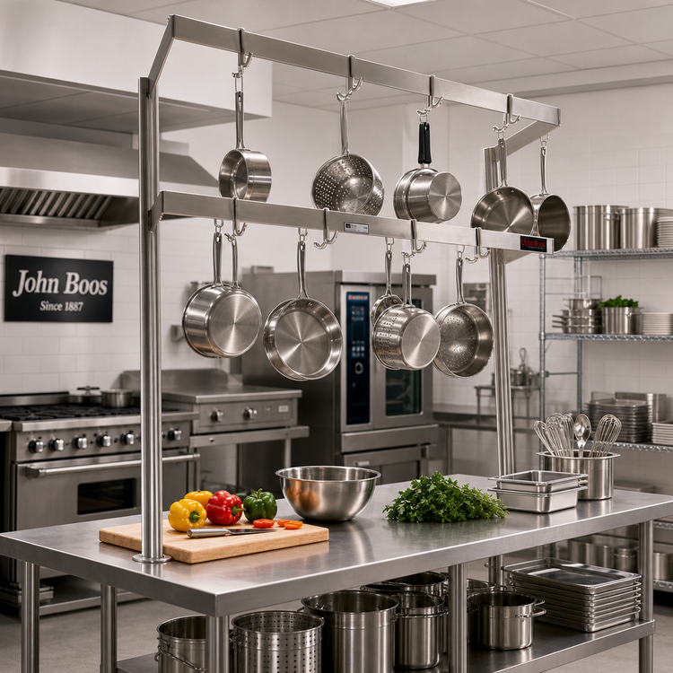 Product image #2 for John Boos PRD5 Table-Mounted Double-Bar Stainless Steel Pot Rack with 20 Double Hooks, 115-1/4"W x 13-5/8"D x 48"H