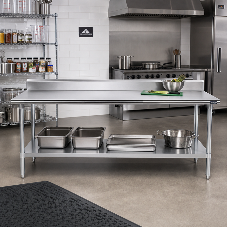 Product image #2 for Advance Tabco 108-Inch x 30-Inch Stainless Steel Work Table with 5-Inch Backsplash and Undershelf