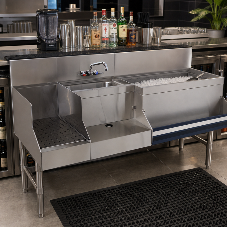 Product image #2 for Advance Tabco Prestige Uni-Serv 60-Inch Stainless Steel Underbar Speed Bar with Right Ice Bin, Cold Plate, and Blender Station