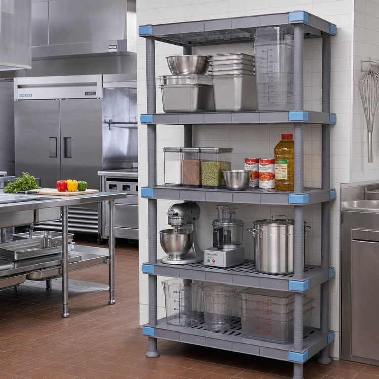 Product image #2 for Quantum Millenia 54W x 24D x 74H Polymer Shelving Unit, 2000 lb Capacity, 4 Open and 1 Solid Grid Shelves