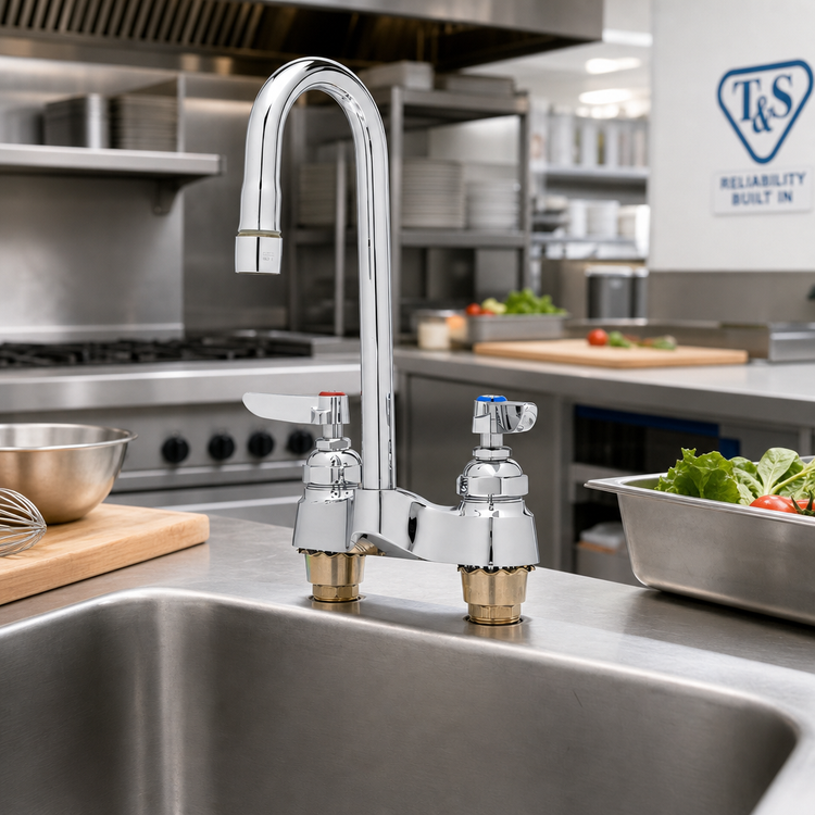 Product image #2 for T&S Brass Deck-Mounted Lavatory Faucet, 4-Inch Centers, Rigid Gooseneck, Lever Handles, Low-Lead, 2.2 GPM