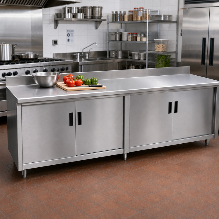 Product image #2 for Advance Tabco Special Value Economy Enclosed Work Table with Cabinet Base, Mid-Shelf and Hinged Doors, 108"W x 30"D, 16 Gauge 304 Stainless Steel Top, 5" Backsplash