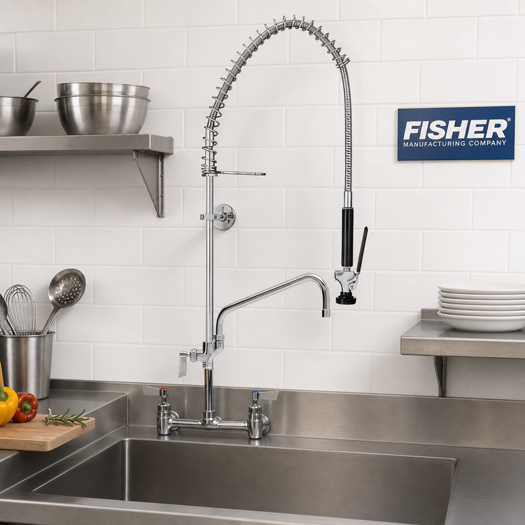 Product image #2 for Fisher 8-Inch Center Backsplash-Mount Spring Style Pre-Rinse Unit with Add-On Faucet and 10-Inch Swing Spout