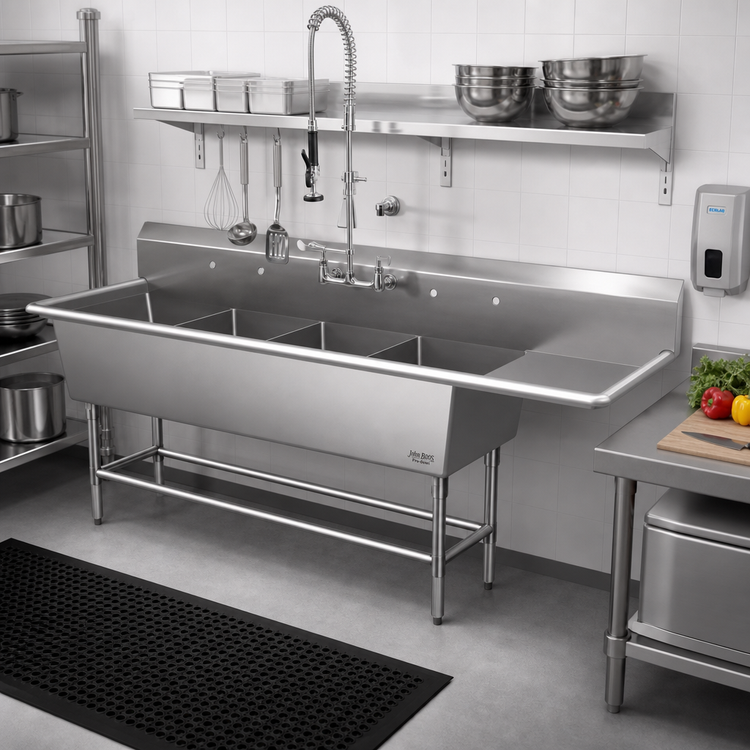 Product image #2 for John Boos Pro-Bowl 4-Compartment Sink with Right Drainboard, 16-Gauge Stainless Steel, 24" x 24" x 14" Bowls
