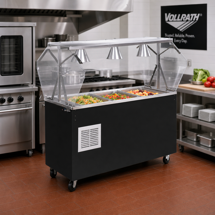 Product image #2 for Vollrath 2-Series Affordable Portable Mobile Refrigerated 3-Pan Cold Food Buffet Station with Clear Acrylic Breath Guard
