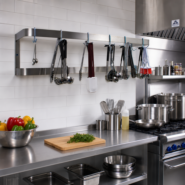 Product image #2 for Advance Tabco 36-Inch Wall-Mounted Double-Bar Stainless Steel Pot Rack with 12 Plated Double Hooks