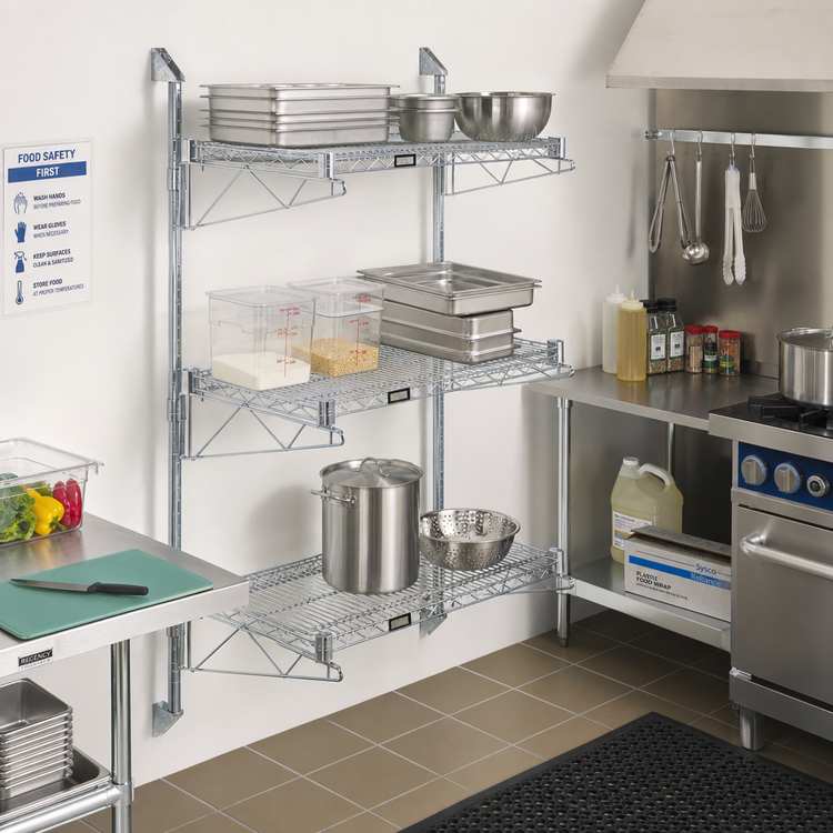 Product image #2 for Quantum Wall-Mounted Cantilever Starter Unit with Three Wire Shelves and 54-Inch Posts