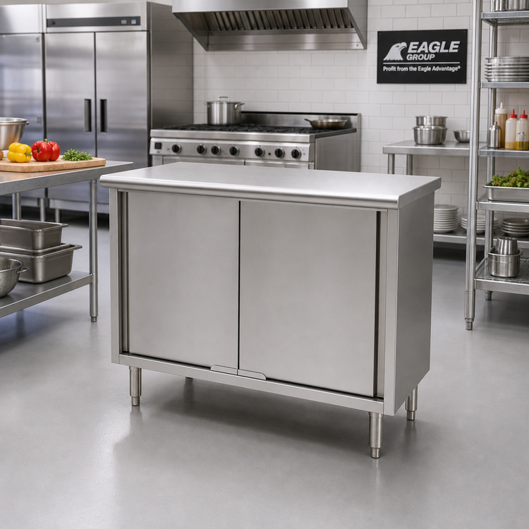 Product image #2 for Eagle Spec-Master Enclosed Base Work Table with Sliding Doors, 48" W x 24" D, 14/304 Stainless Steel Top