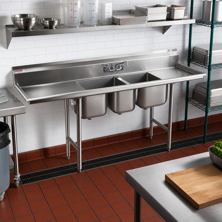 Product image #2 for Eagle Group 412 Series Floor Model Three-Compartment Sink with Left Drainboard, 430 Stainless Steel