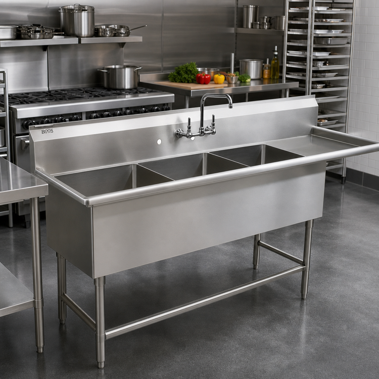 Product image #2 for John Boos Pro-Bowl 3-Compartment Sink with 18-Inch Right Drainboard, 18 x 24 x 14 Bowls, 16-Gauge Stainless Steel