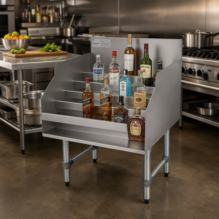 Product image #3 for Advance Tabco Special Value 5-Step Freestanding Stainless Steel Liquor Bottle Display Unit