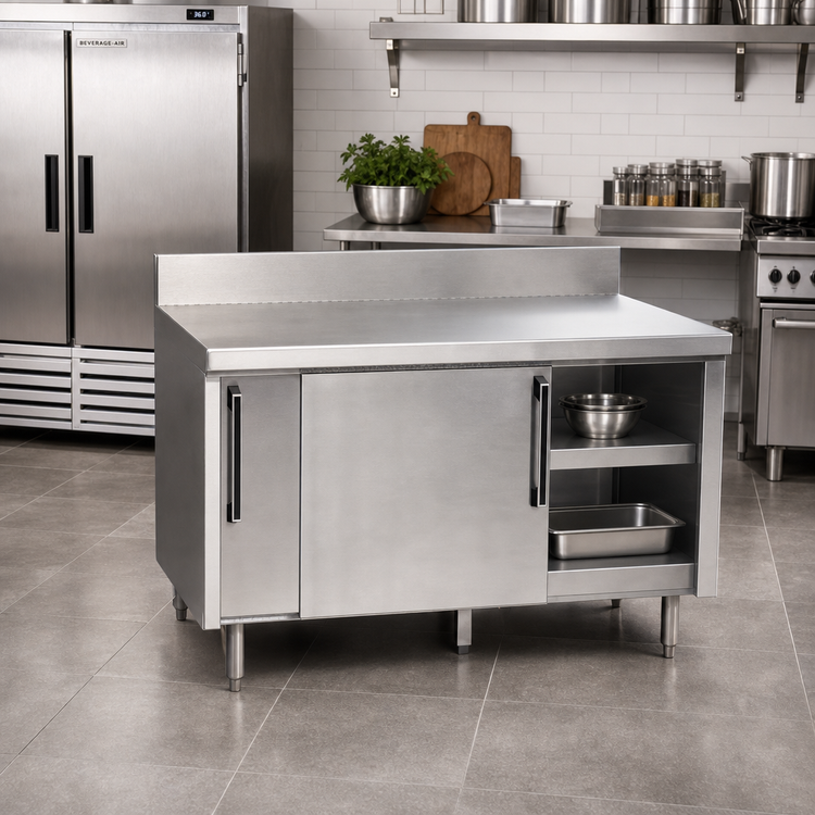 Product image #2 for La Rosa Refrigeration 60 Inch W x 32 Inch D Stainless Steel Utility Stand Cabinet Base with Sliding Doors and Intermediate Shelf