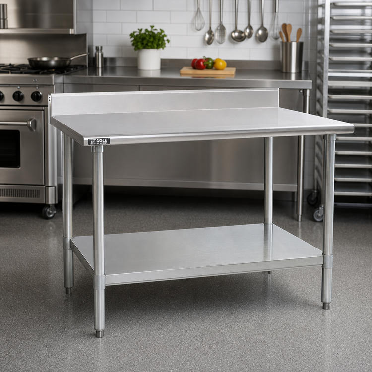 Product image #2 for Eagle Budget Series 48"W x 24"D Stainless Steel Work Table with 4-1/2" Backsplash, Galvanized Base, and Undershelf