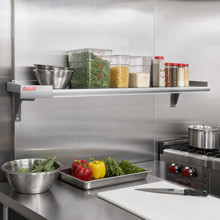 Product image #2 for Eagle Snap-n-Slide 60"W x 15"D Wall-Mounted 14/304 Stainless Steel Shelf with V Marine Front Edge