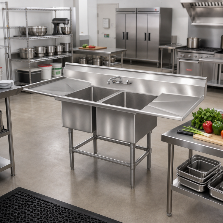 Product image #2 for Eagle Spec-Master FN Series Coved Corner Two-Compartment Commercial Sink with Right Drainboard, 59-1/2 Inch W x 27 Inch D, 14 Gauge Stainless Steel
