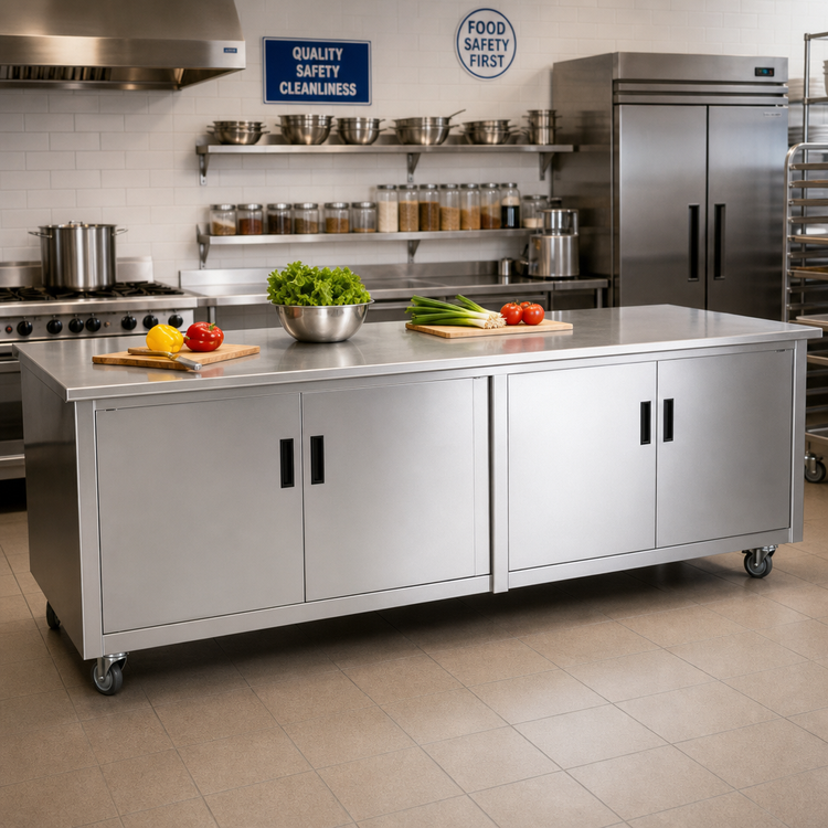 Product image #2 for Advance Tabco Enclosed Work Table with Cabinet Base, Mid-Shelf and Hinged Doors, 72 x 36 Inch, 14 Gauge 304 Stainless Steel Top