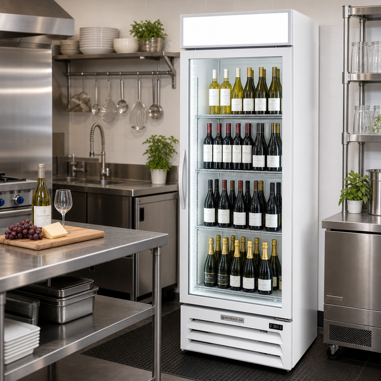 Product image #2 for Beverage-Air MarketMax 27-1/2-Inch Wide 23.32 Cu. Ft. One-Section Reach-In Wine Merchandiser with Bottom-Mounted Self-Contained Refrigeration and Double-Pane Hinged Glass Door