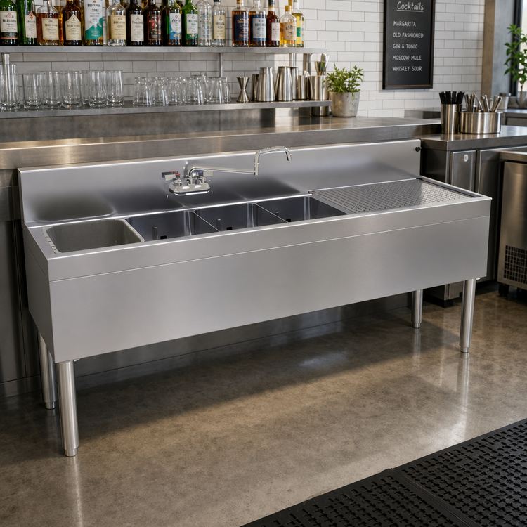 Product image #2 for Glastender 72-Inch Wide x 24-Inch Deep Four-Compartment Underbar Sink Unit with Right Drainboard and Mounted Faucet