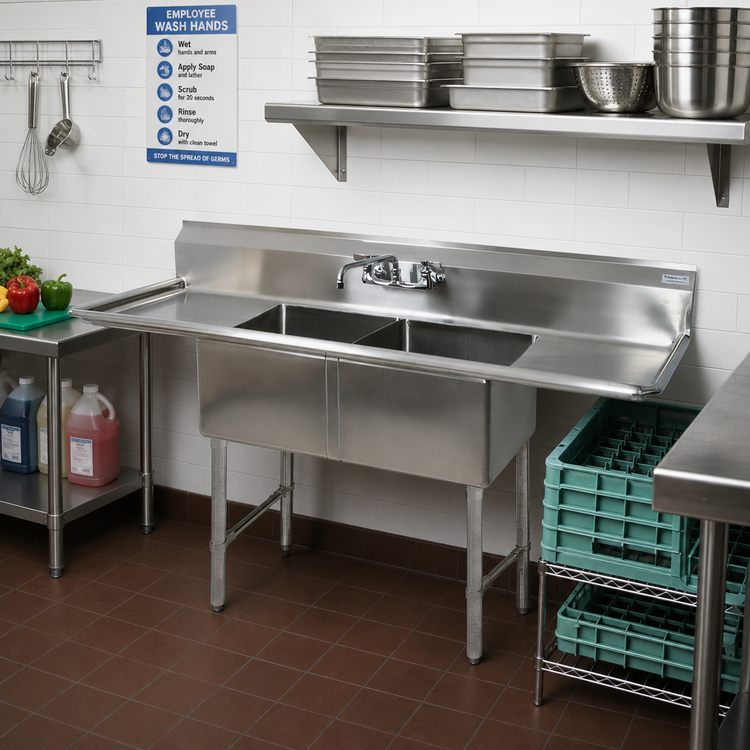 Product image #2 for BK Resources Two-Compartment Stainless Steel Drainboard Sink with 10-Inch Backsplash