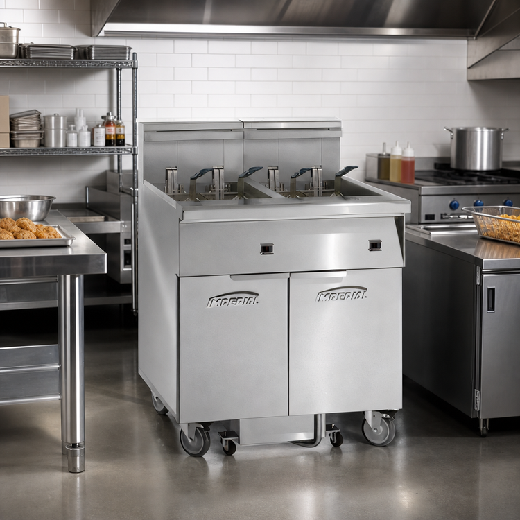 Product image #2 for Imperial 2-Tank Electric Floor Fryer with Built-In Space Saver Filter System, 75 lb. Capacity Each
