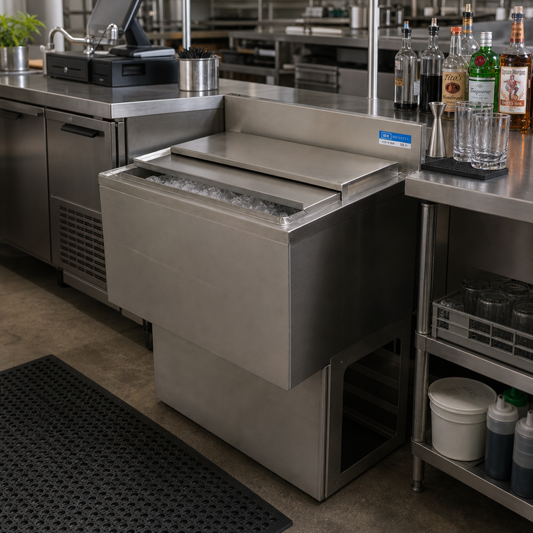Product image #2 for BK Resources Underbar Stainless Steel Ice Bin with Sliding Cover, 24" x 18", 66 lb Capacity
