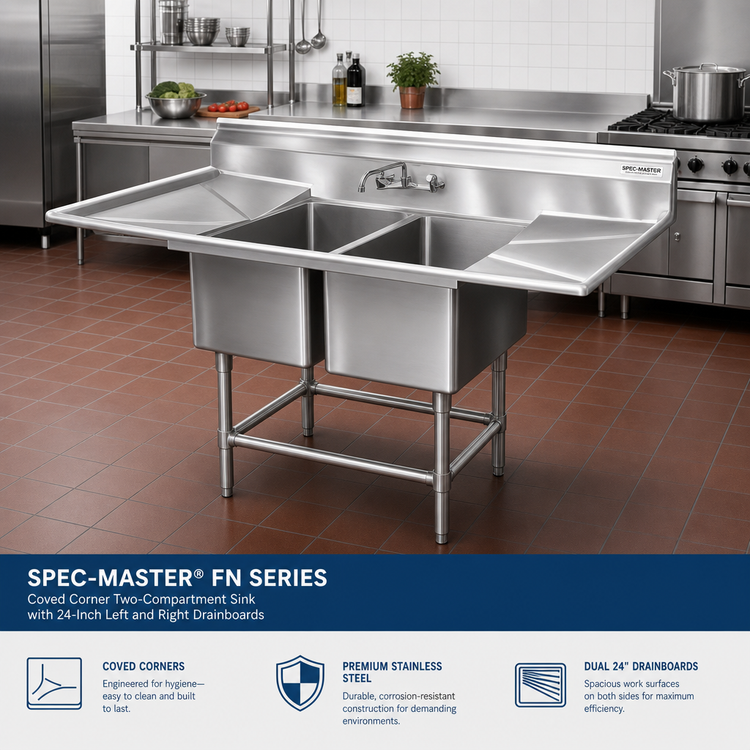 Product image #2 for Spec-Master FN Series Coved Corner Two-Compartment Sink with 24-Inch Left and Right Drainboards