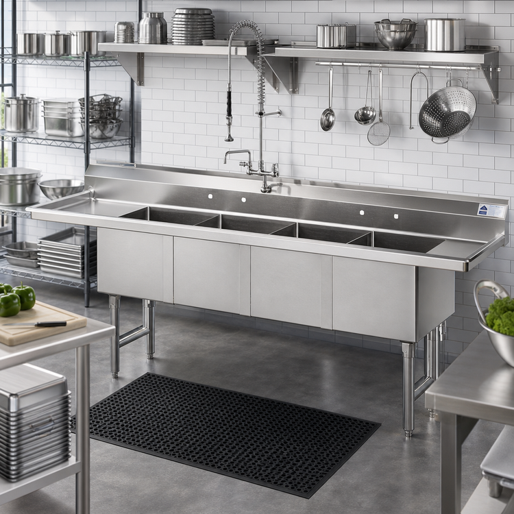 Product image #2 for Advance Tabco 4-Compartment Fabricated Stainless Steel Sink with 18-Inch Left and Right Drainboards, 18 x 18 x 14 Bowls