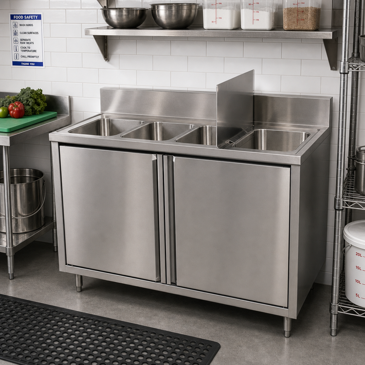 Product image #2 for BK Resources 4-Compartment Stainless Steel Sink Cabinet with Hinged Doors, 48 x 24 Inches