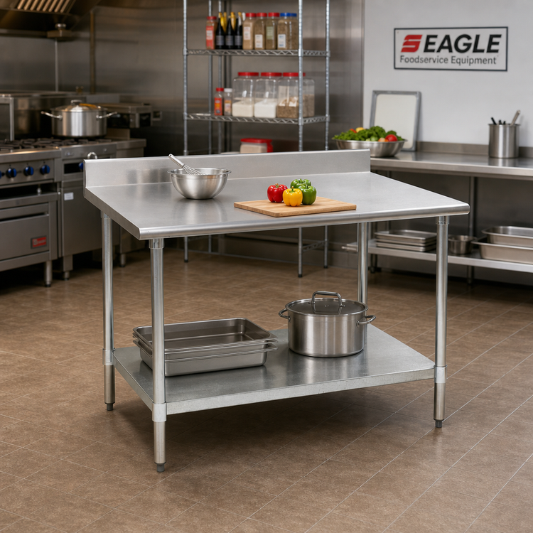 Product image #2 for Eagle BlendPort® Deluxe Series 30 x 30 Inch Stainless Steel Corner Work Table with 4-1/2 Inch Backsplash and Galvanized Undershelf