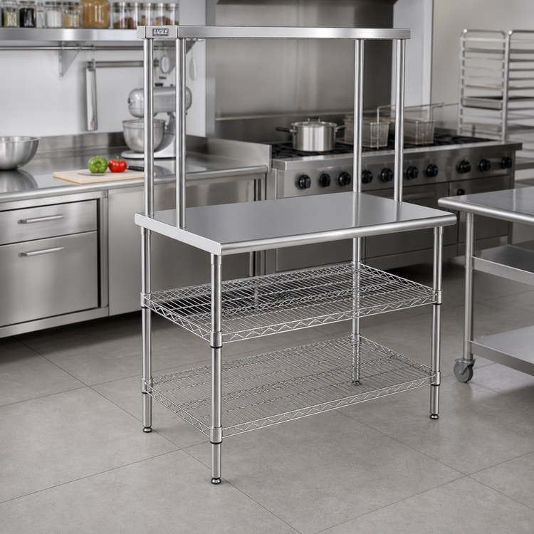 Product image #2 for Eagle AdjusTable One-Tier Stainless Steel Work Surface System with Overshelf and 2 Undershelves, 36"W x 24"D