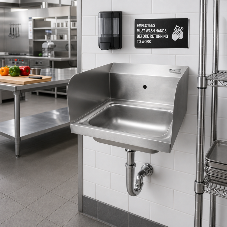 Product image #2 for John Boos Pro-Bowl Wall-Mounted Stainless Steel Hand Wash Sink with Left and Right Side Splashes, 14 x 10 x 5 Inch Bowl