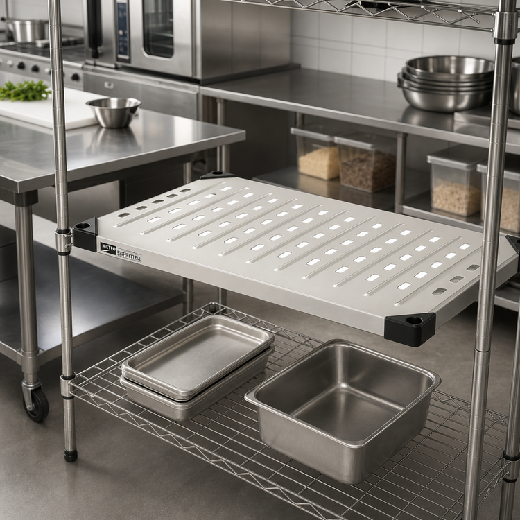 Product image #2 for Metro Super Erecta 24 x 18 Inch Louvered Embossed Type 304 Stainless Steel Shelf with Ship's Edge