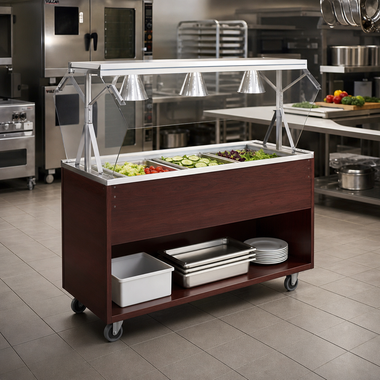 Product image #2 for Vollrath 2-Series Affordable Portable 46-Inch Mobile 3-Pan Non-Refrigerated Cold Food Station with Lights, Open Storage Base, Cherry Woodgrain